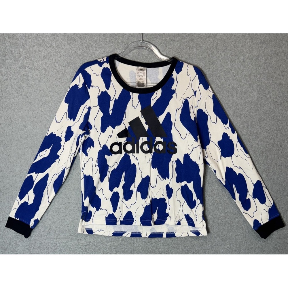 Adidas Shirt Womens Small Blue White Abstract Camo Long Sleeve Pullover Athletic